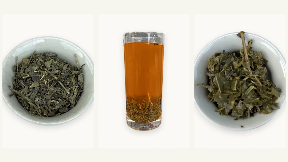 Chinese green tea shown as dry leaves, liquor and infused leaves for specification review
