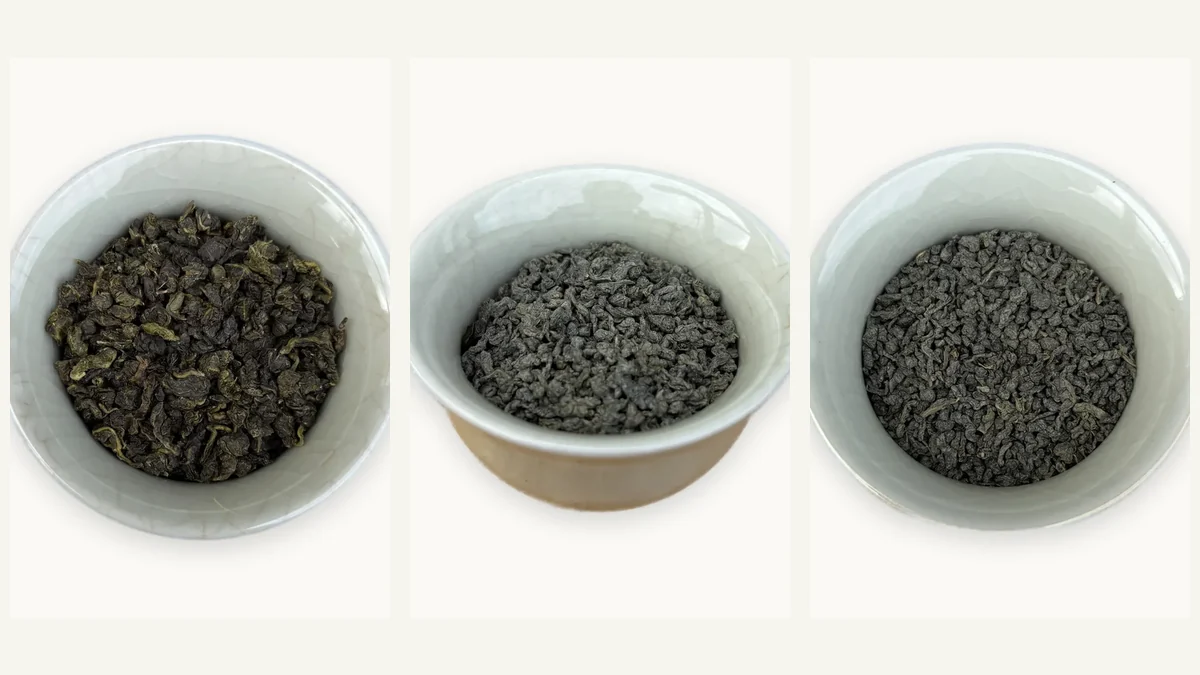 Close-up photograph of rolled Chinese Gunpowder green tea leaves