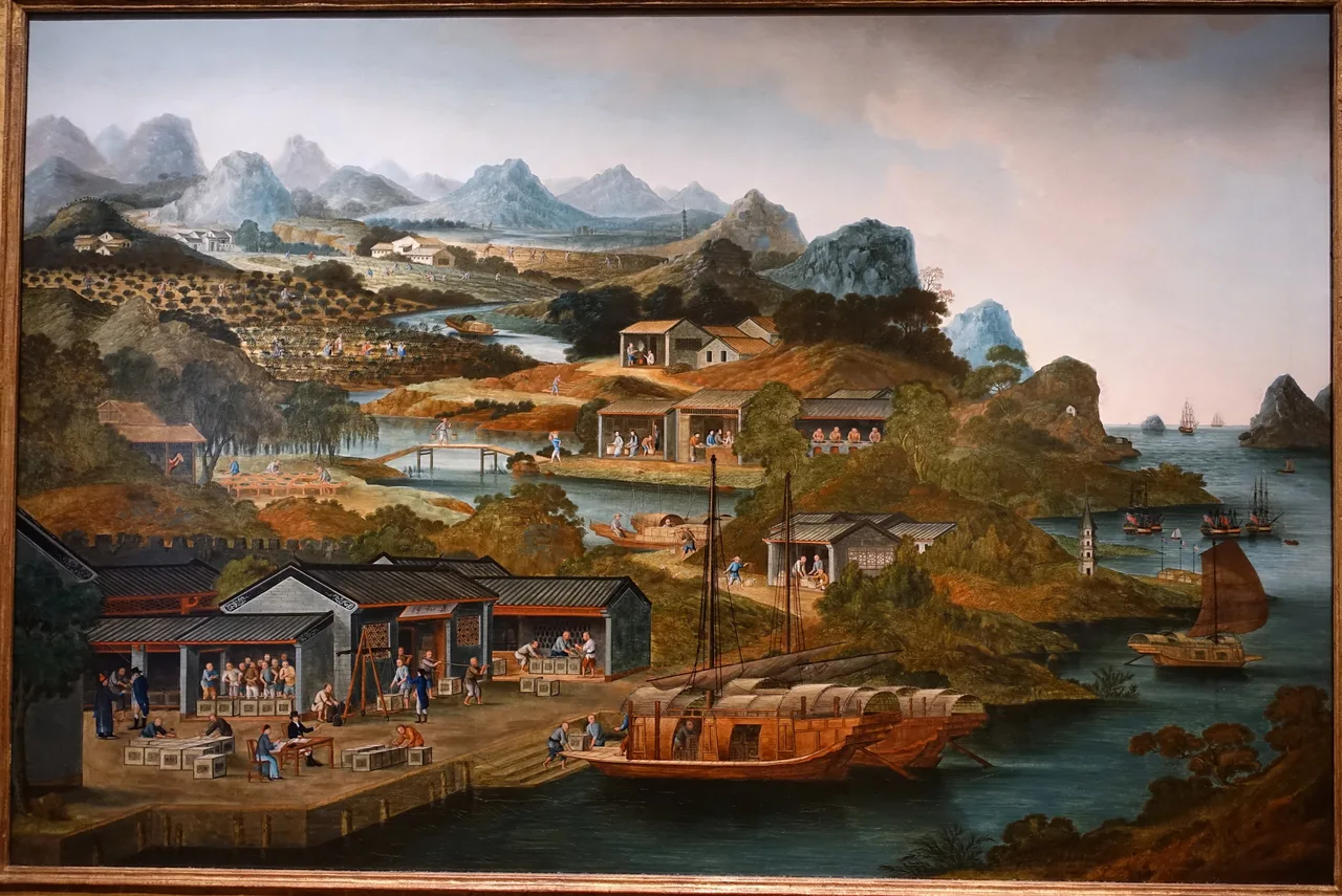 Photograph of a historical Chinese painting showing tea production in Guangzhou