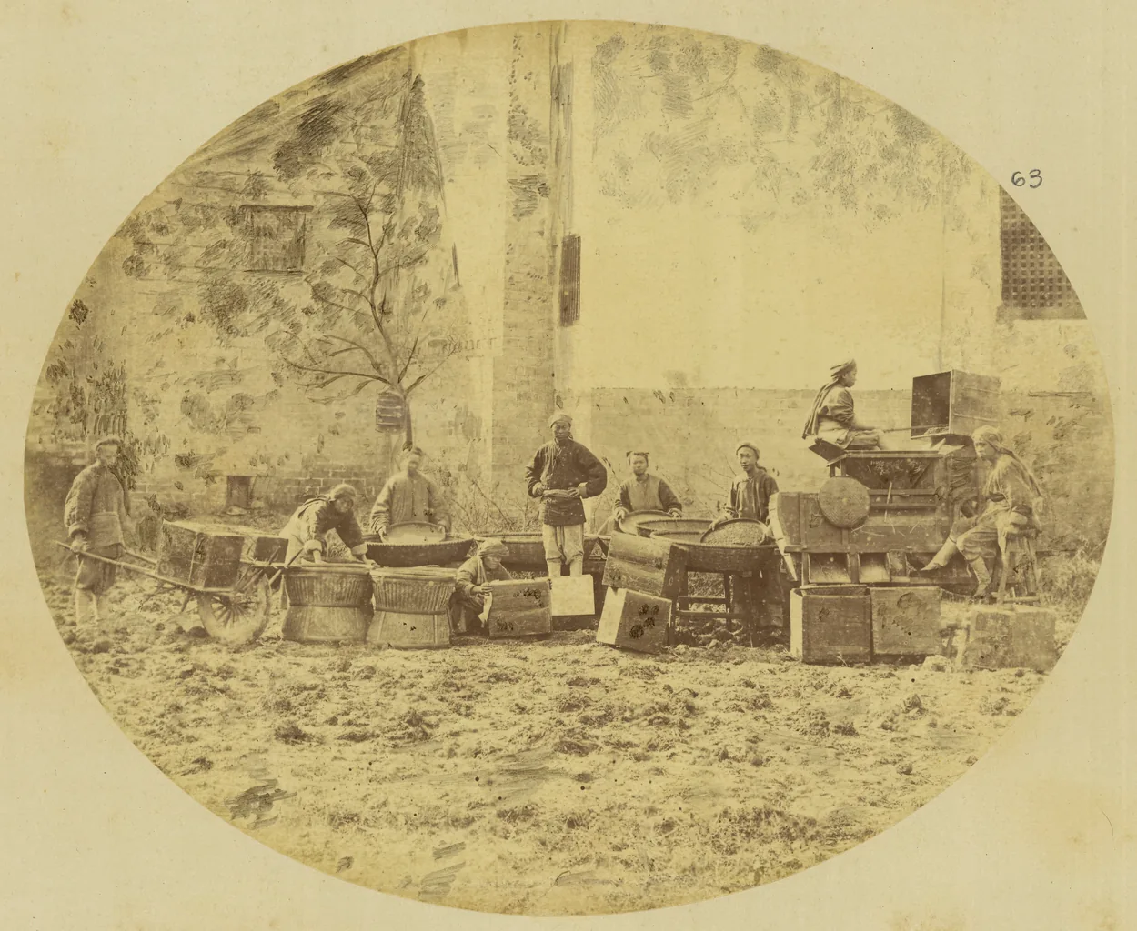 Historical photograph of workers drying and roasting tea in Yangloudong, Hubei, China, in 1874